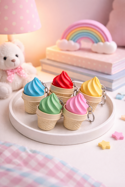 Colorful ice cream cone keychains on a white plate with a soft toy and rainbow in the background.