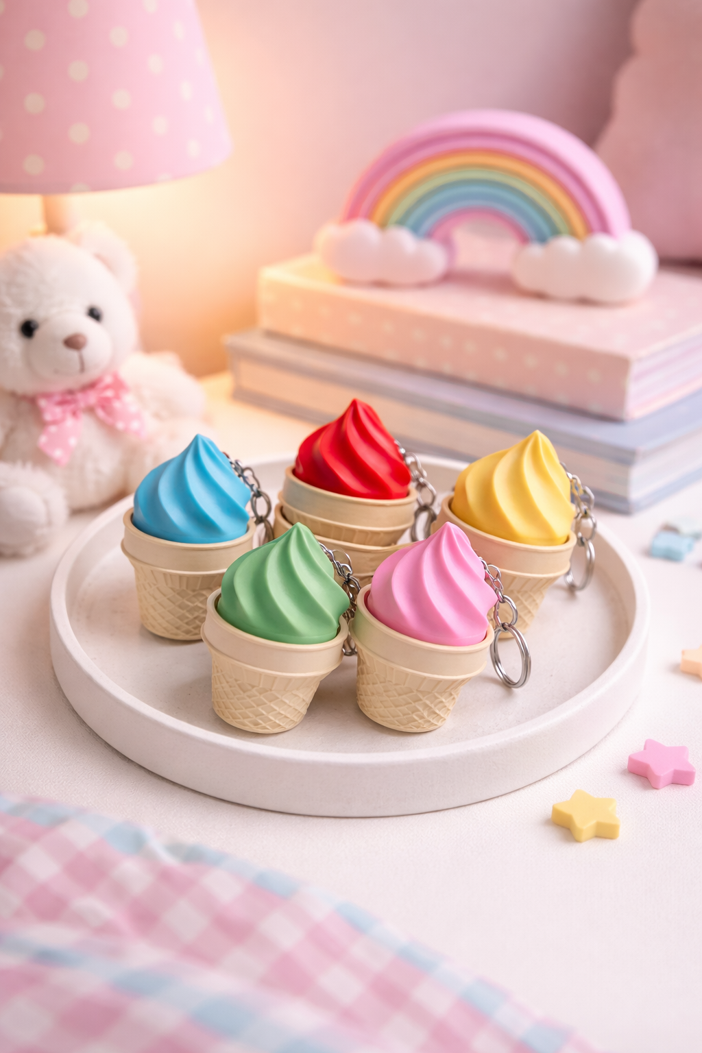 Colorful ice cream cone keychains on a white plate with a soft pink background.