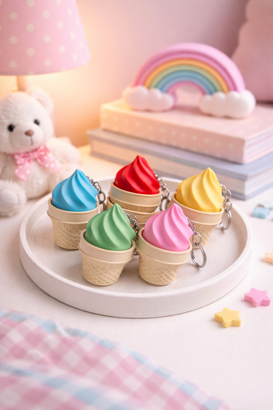 Colorful ice cream cone keychains on a white plate with a soft pink background.