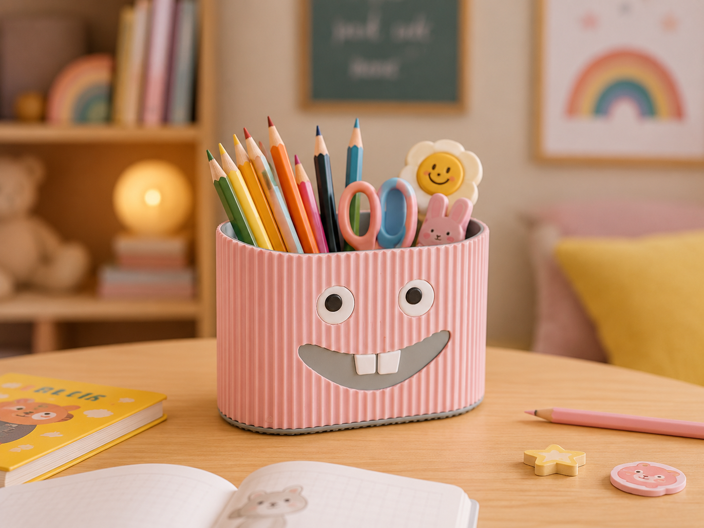 Cute kids bathroom organizer for toothbrushes, toothpaste and daily washroom essentials