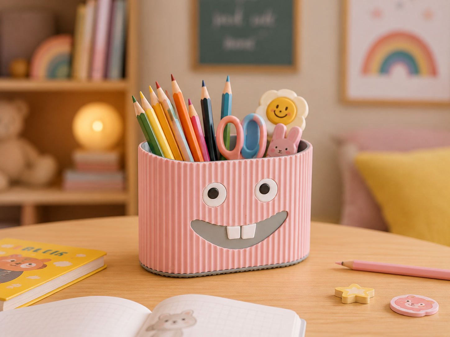 Cute kids bathroom organizer for toothbrushes, toothpaste and daily washroom essentials