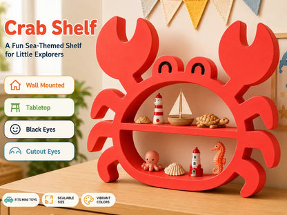 A red crab-shaped wall-mounted shelf with two open tiers, styled with small nautical toys and shells. The image includes marketing text and feature callouts on the left, set against a warm indoor background.