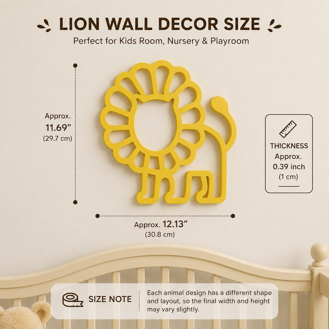 Yellow lion-shaped wall decor shown with size measurements and a nursery crib at the bottom. Text reads 'LION WALL DECOR SIZE' and includes dimensions of approximately 11.