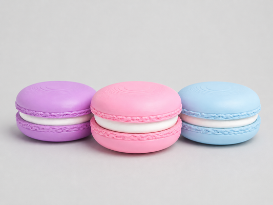 Cute macaron clicker keychain in purple pink and teal blue colors for bags backpacks and keys
