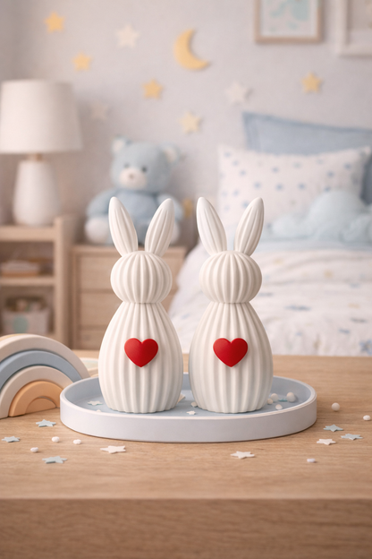Two white rabbit figurines with red hearts on a round white stand in a child's room.