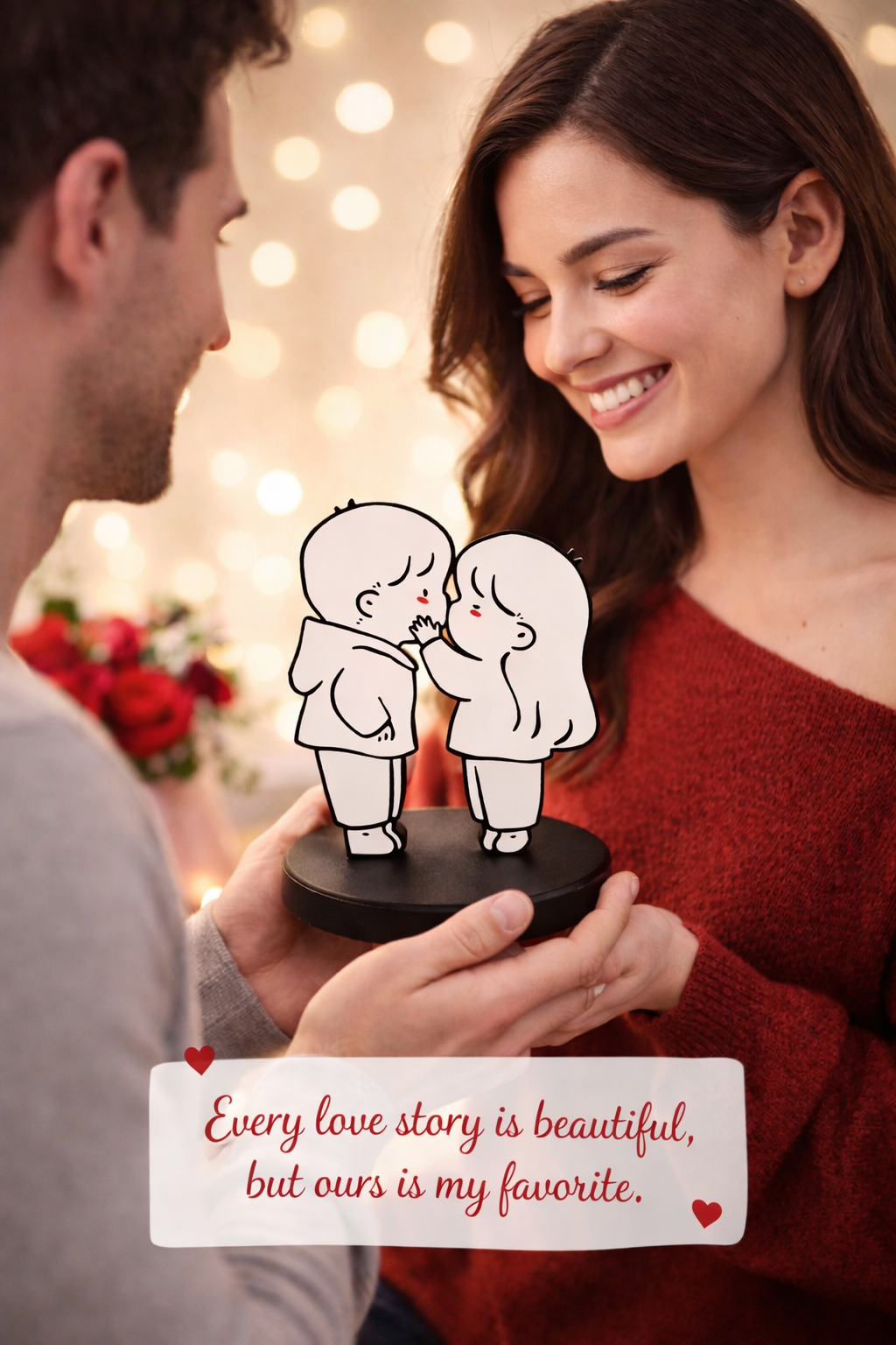 Couple holding a decorative figure with a romantic quote on a blurred lights background