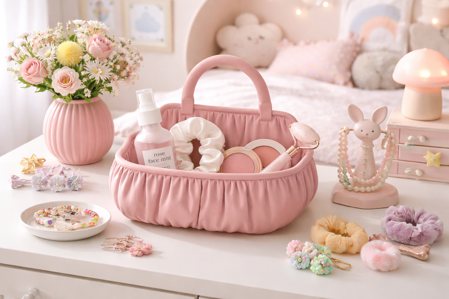 Pink basket with beauty products on a table in a child's room