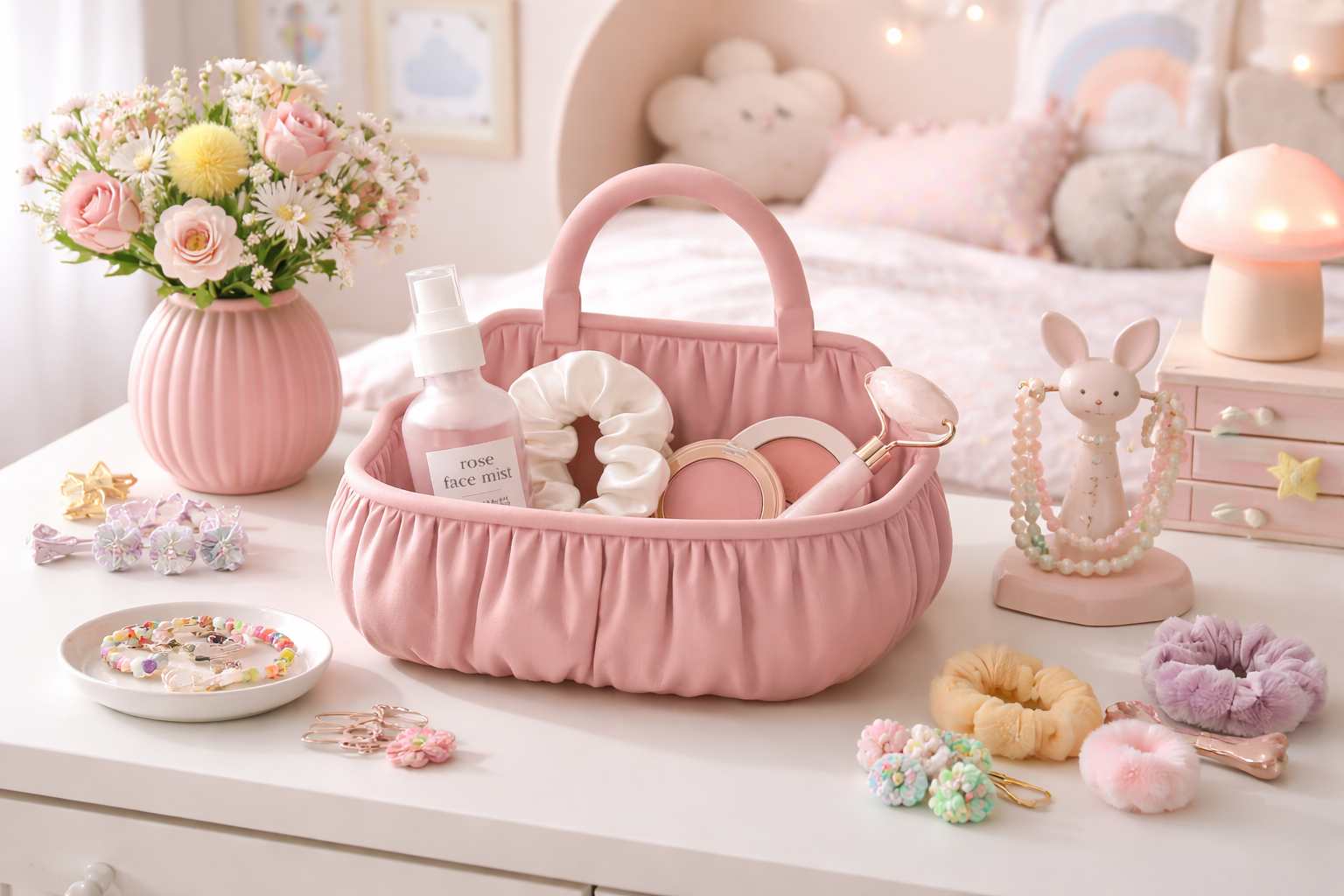 Pink basket with beauty products on a table in a child's room