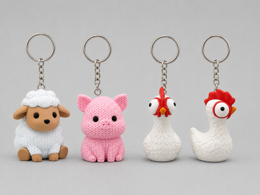 Four animal-themed keychains on a gray background