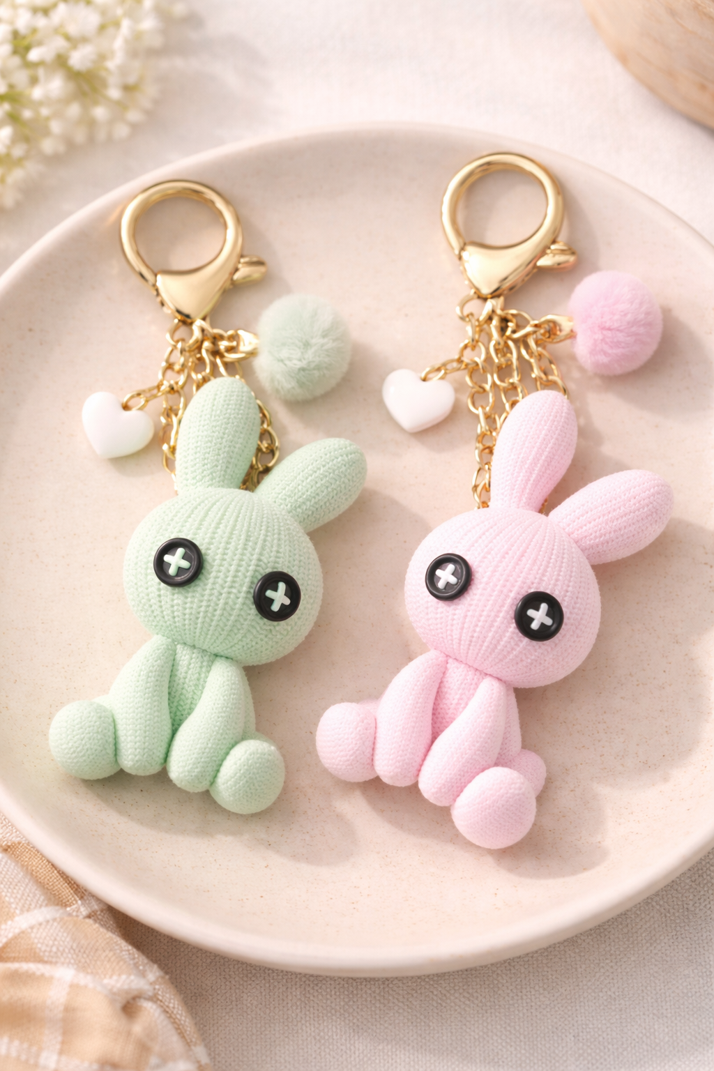 Two cute bunny keychains, one green and one pink, on a beige plate.