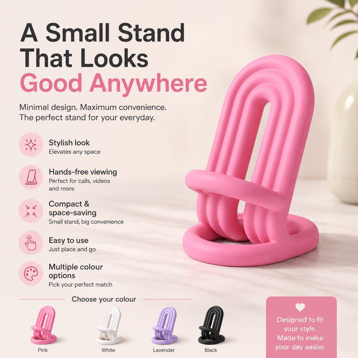 A pink U-shaped small stand with a rounded base, shown on a light beige background with marketing text and color options. The image includes text describing features like 'Hands-free viewing' and 'Compact & space-saving,' plus small thumbnails at the bottom showing other available colors: white, lavender, and black.