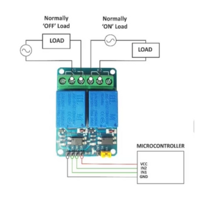 Electrical diagram of a relay module with labeled components on a white background