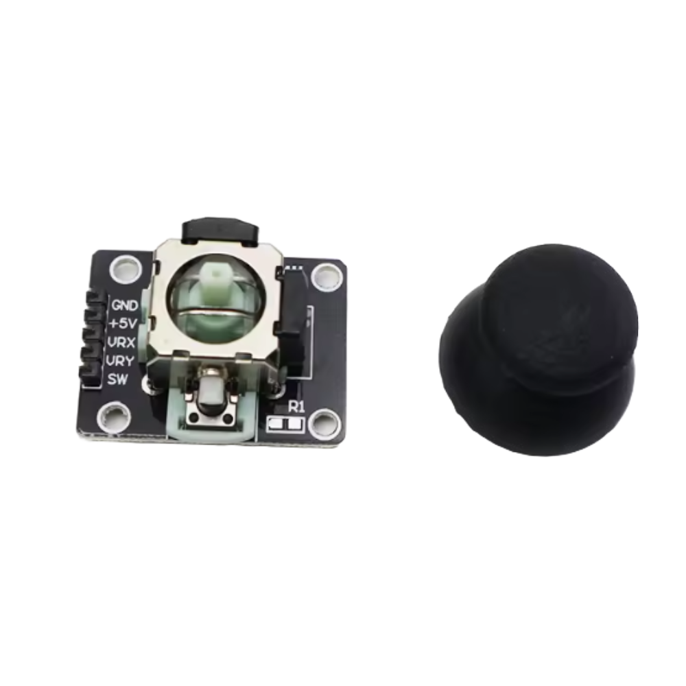 Electronic module with lens and joystick on a white background