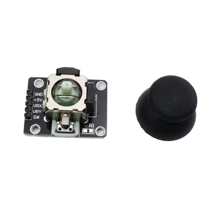 Electronic module with lens and joystick on a white background