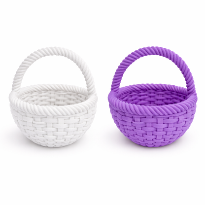 Two woven baskets, one white and one purple, on a white background