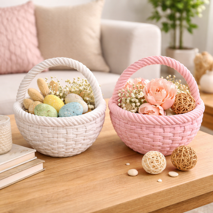 Two decorative baskets on a wooden surface with Easter eggs and flowers.