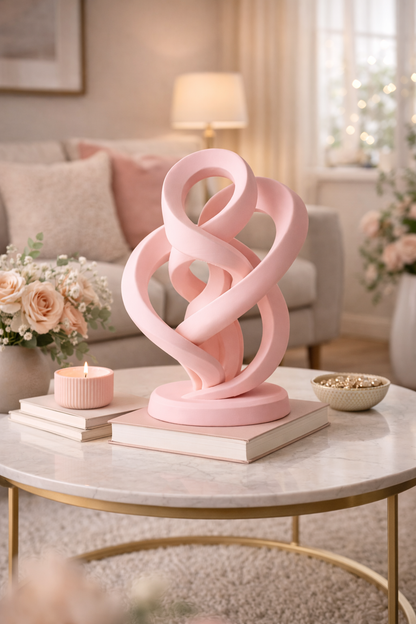 Pink decorative sculpture on a coffee table in a living room setting
