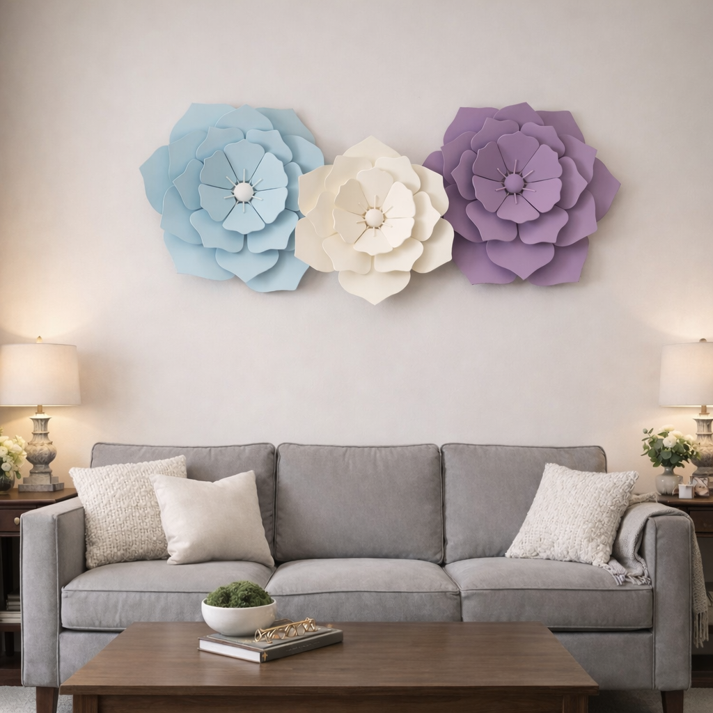 Decorative floral wall art above a gray sofa in a living room.