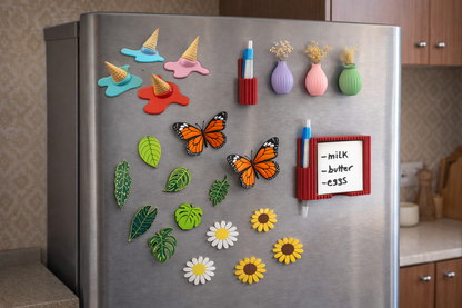 Stainless steel refrigerator with various colorful magnetic decorations including butterflies, leaves, and a small whiteboard.