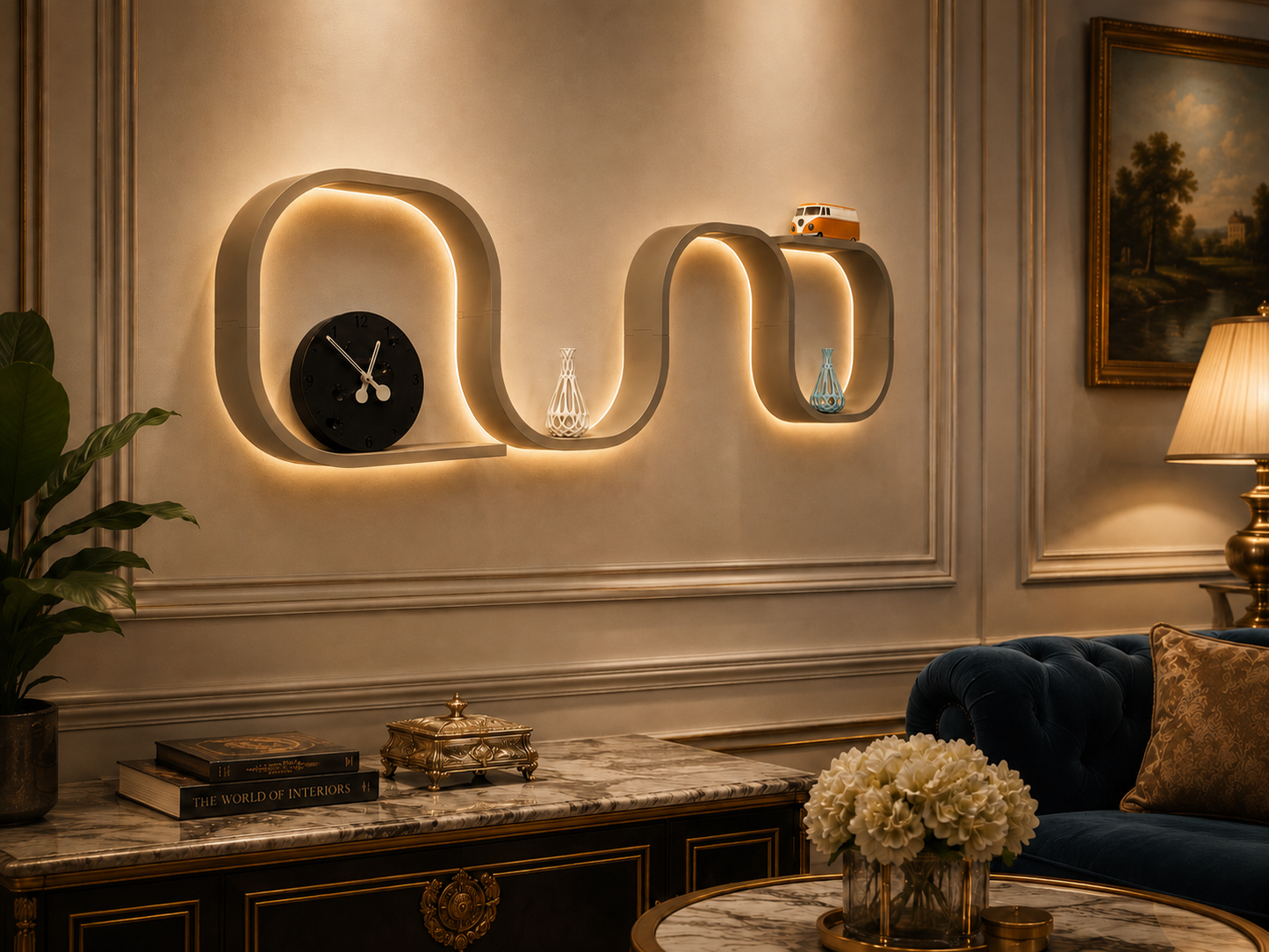 Decorative LED wall shelf mounted on classic living room wall