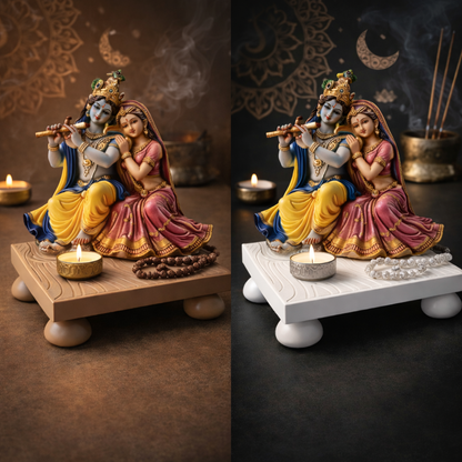 Statue of a couple with a flute and lotus on a wooden platform with a candle.