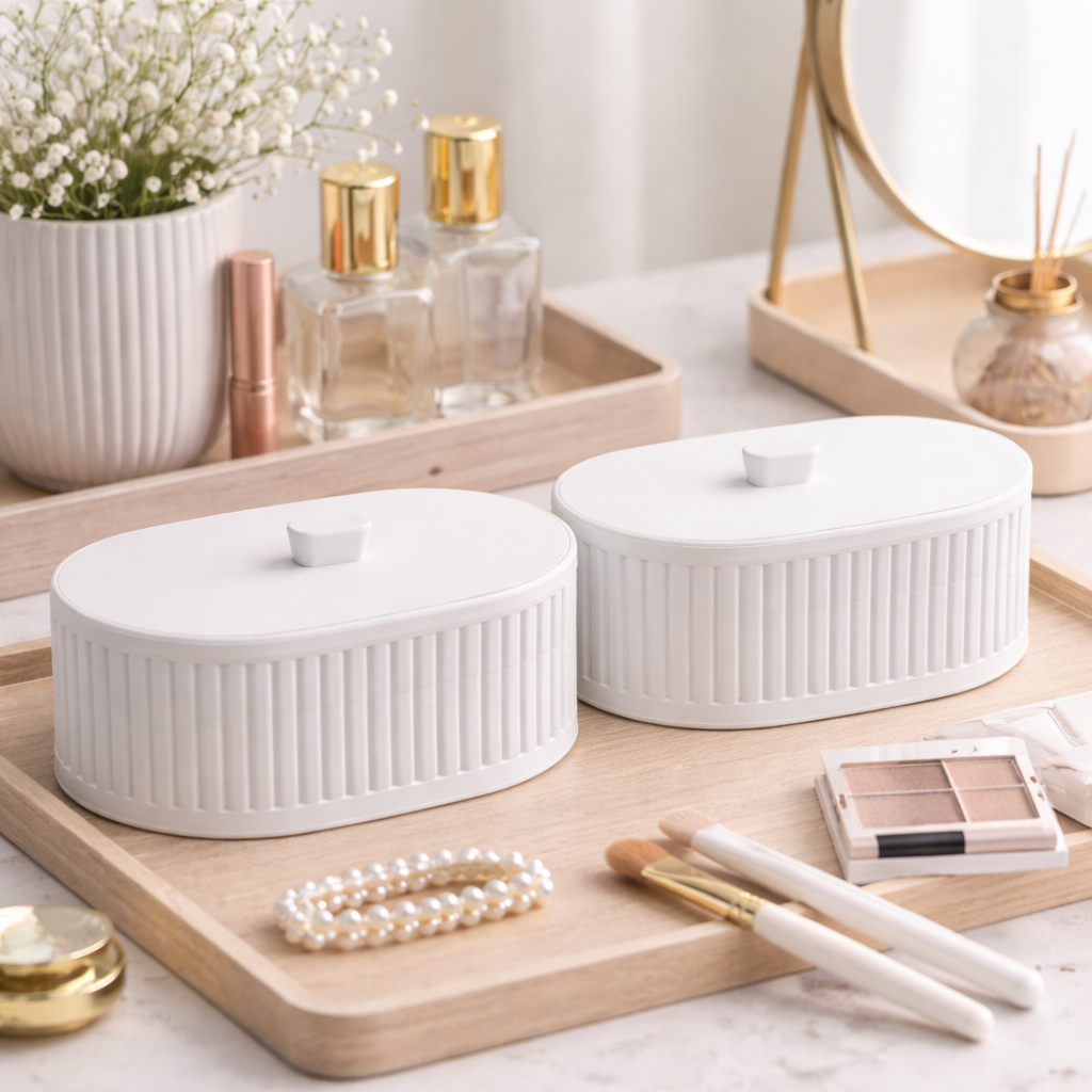 Two white ceramic containers on a wooden tray with beauty products in the background.