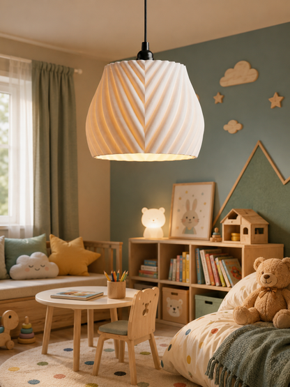 Children's room with a cozy setup featuring a lamp, books, toys, and a teddy bear.