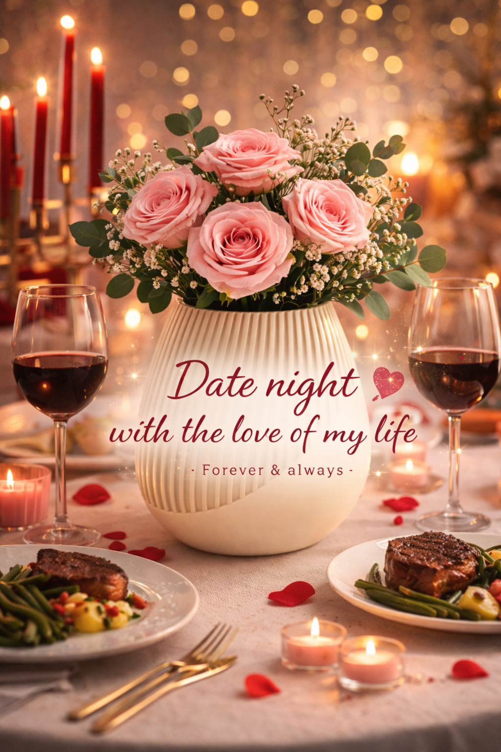 Romantic dinner setup with flowers, candles, and text 'Date night with the love of my life Forever & always'.