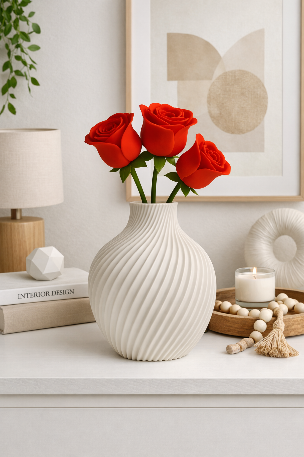White vase with red roses on a table in a home setting