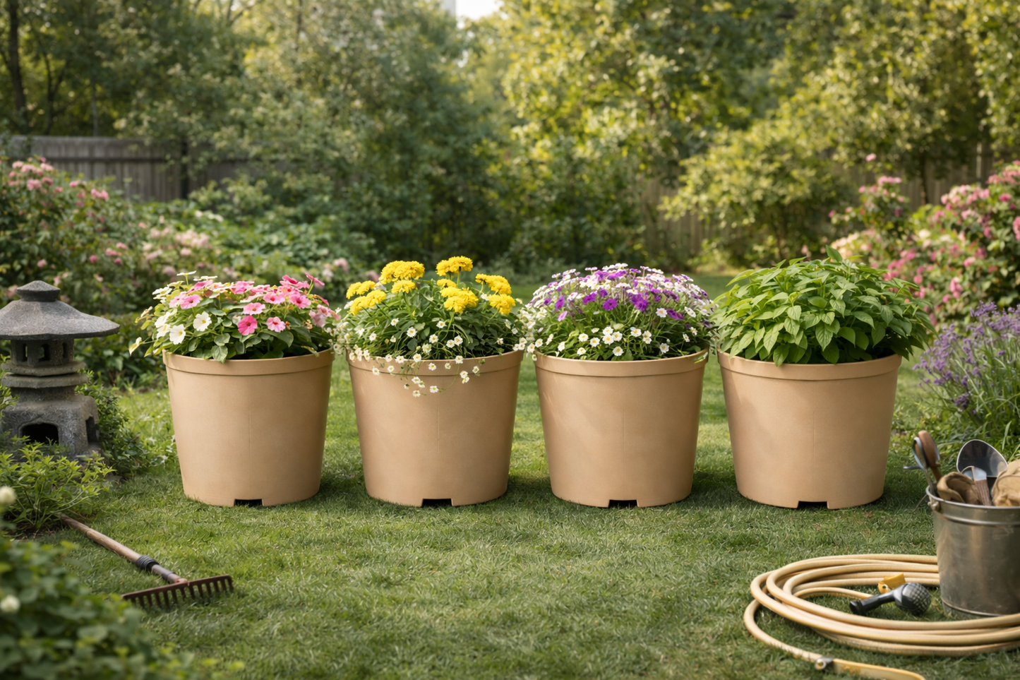 Four tan planters with flowers on a grassy lawn with garden tools and plants in the background.