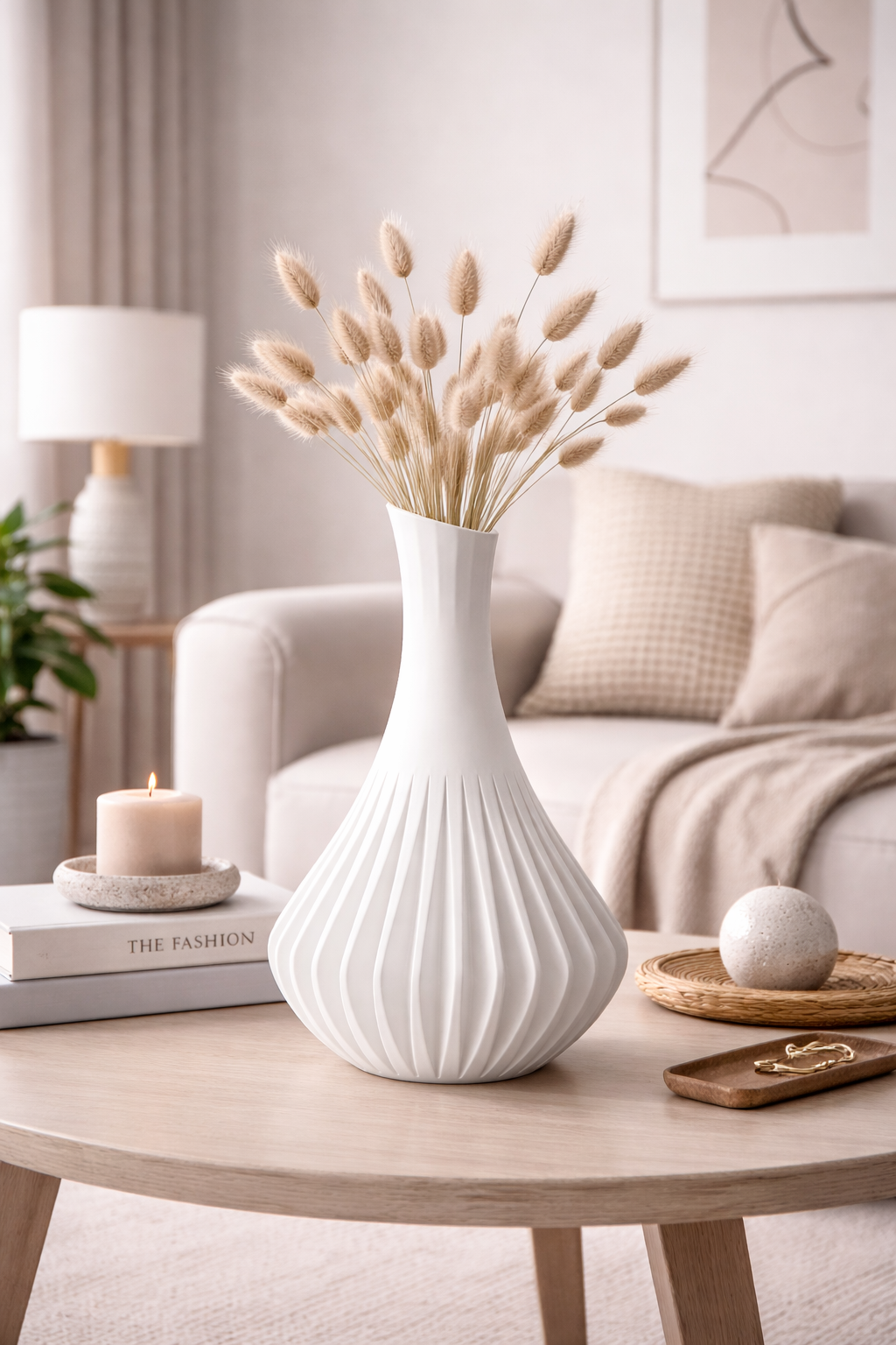 White vase with dried plants on a wooden table in a living room setting.