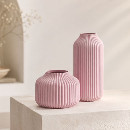 Two ribbed ceramic vases in a dusty pink color, one short and wide and one tall and narrow, displayed on a light stone pedestal in a softly lit interior setting.