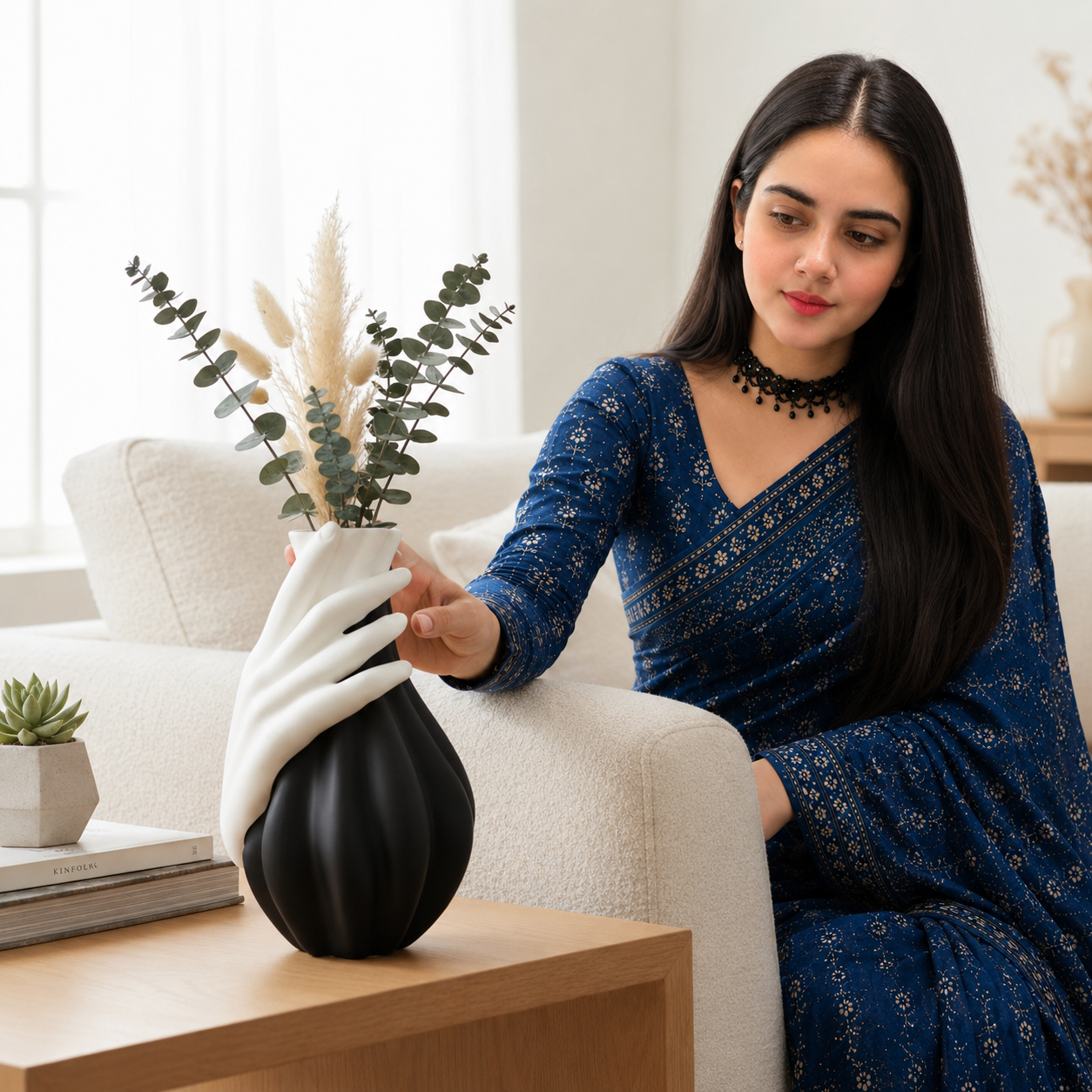 A woman in a blue patterned dress sits on a white armchair in a bright living room, holding a black vase with dried grasses and greenery. A small table beside her holds books and a potted succulent.