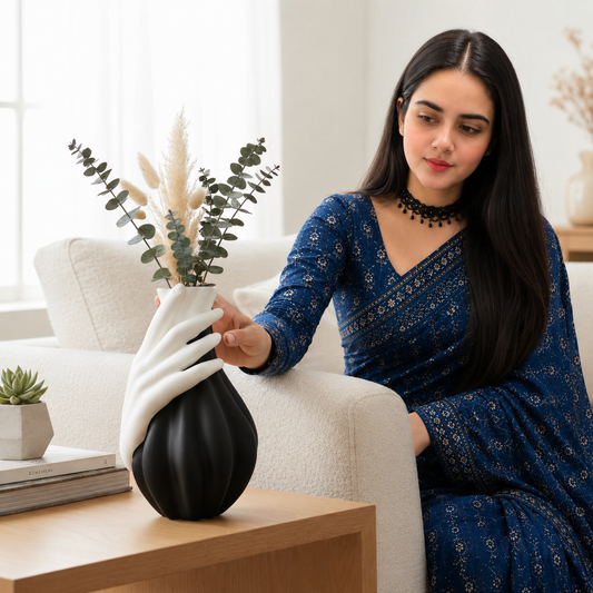 A woman in a blue patterned dress sits on a white armchair in a bright living room, holding a black vase with dried grasses and greenery. A small table beside her holds books and a potted succulent.
