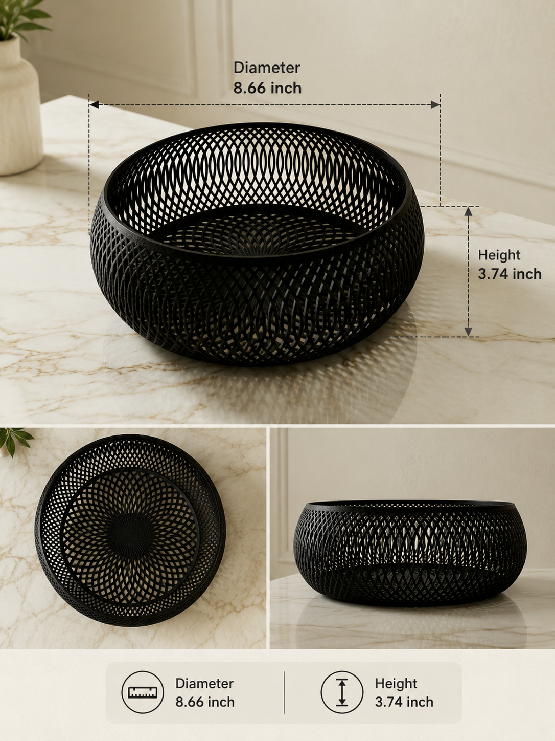 Black woven mesh bowl with dimension annotations showing diameter 8.66 inch and height 3.