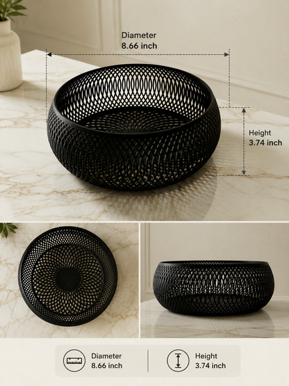 Black woven mesh bowl with dimension annotations showing diameter 8.66 inch and height 3.