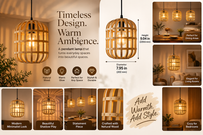 A collage-style product graphic for a pendant lamp with a natural wood cage-like shade and warm glowing bulb. The layout includes multiple room scenes showing the lamp in use, dimension callouts for height and diameter, and marketing text such as 'Timeless Design.