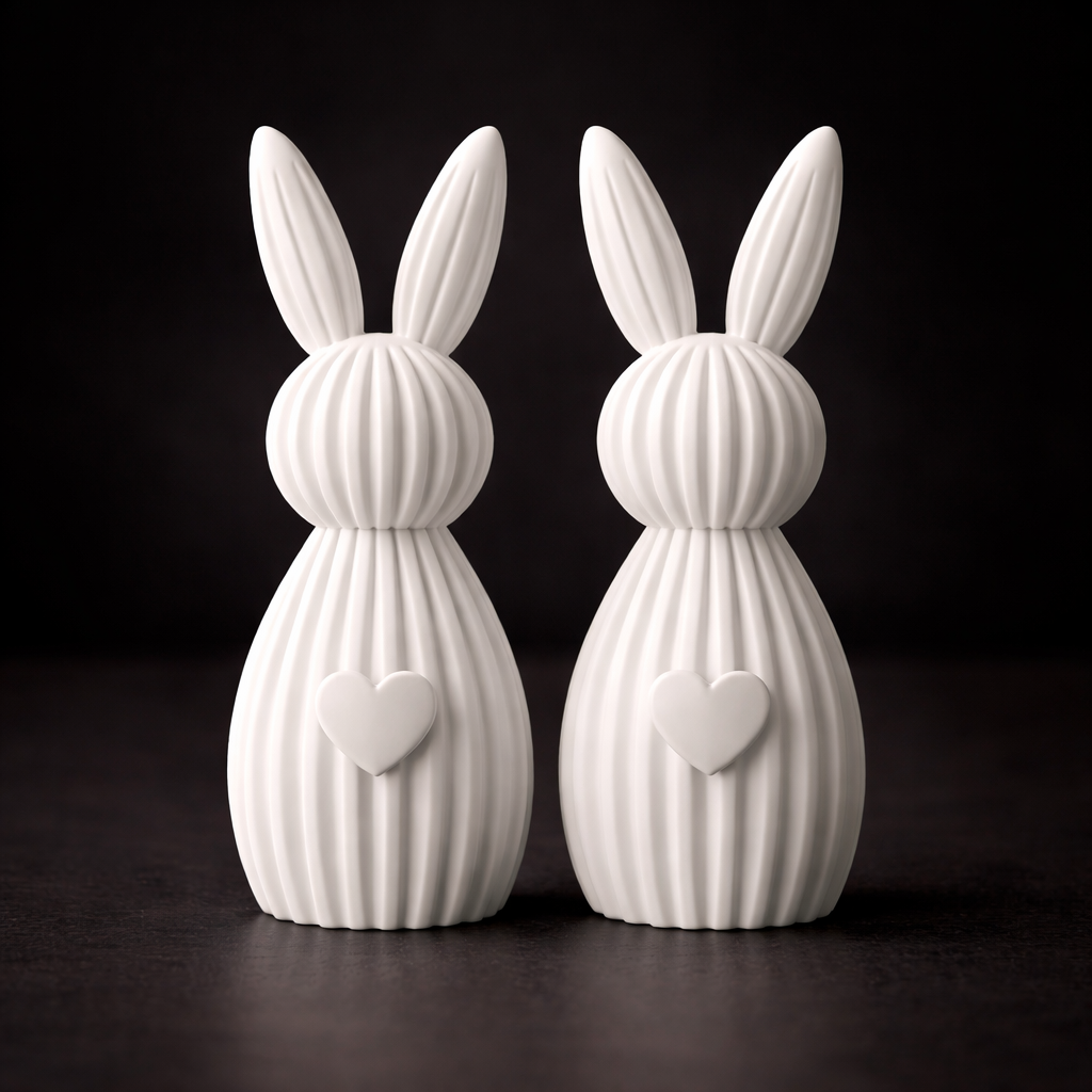 Two white rabbit-shaped vases with heart details on a dark background