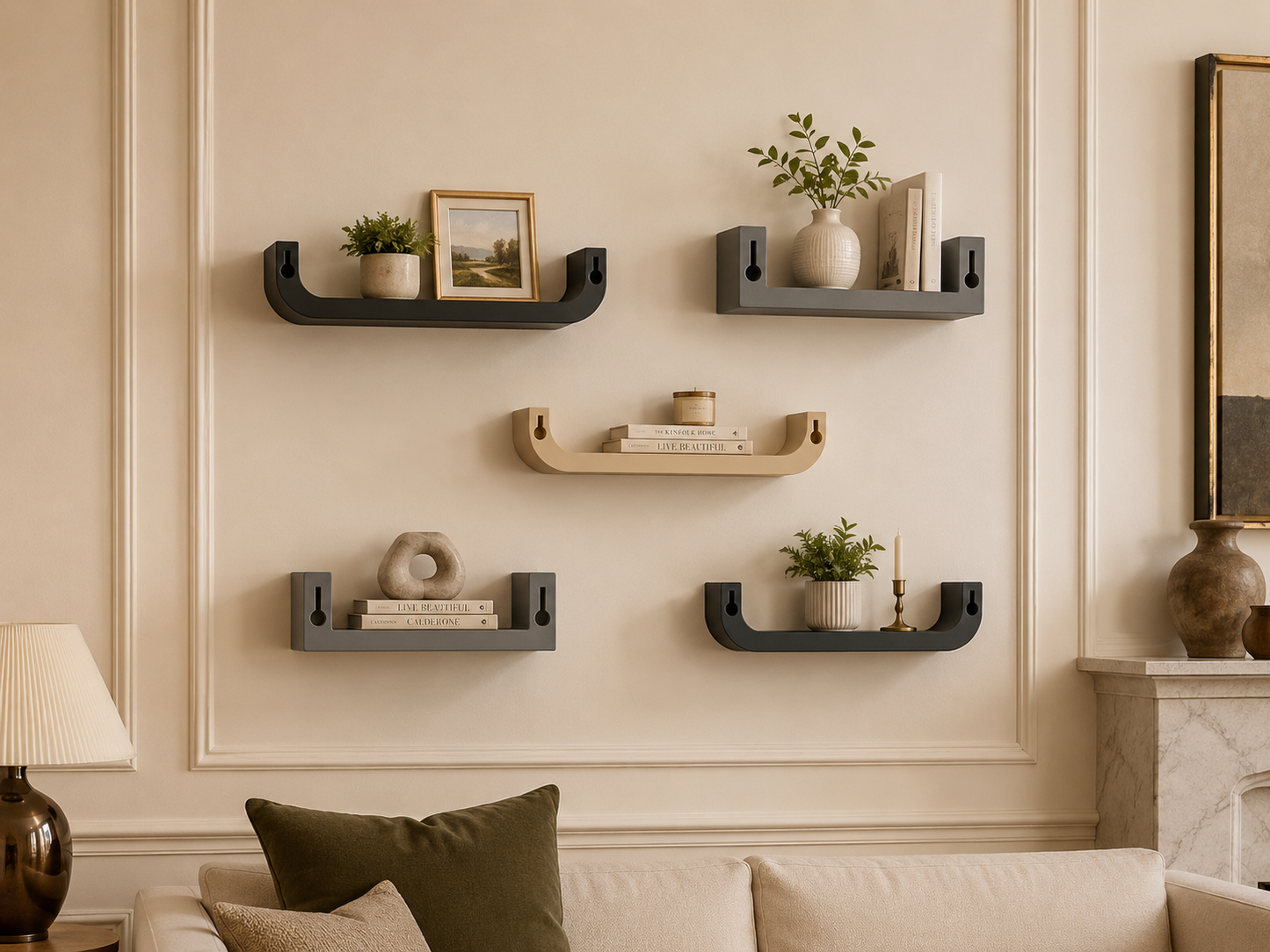 Decorative wall shelves with plants and books in a living room setting.