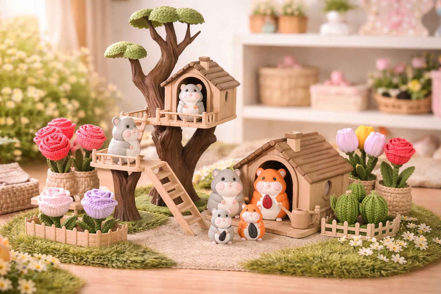 Miniature animal figures with a treehouse and flower decorations on a wooden surface.