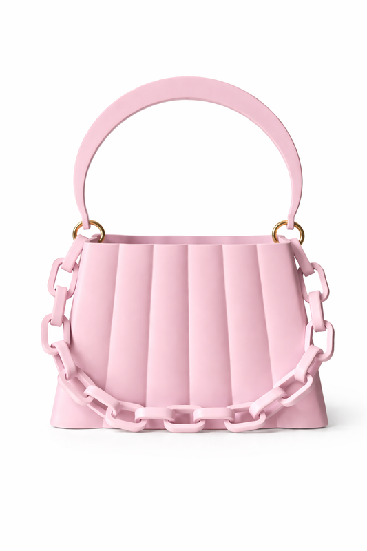 Pink handbag with chain details on a white background