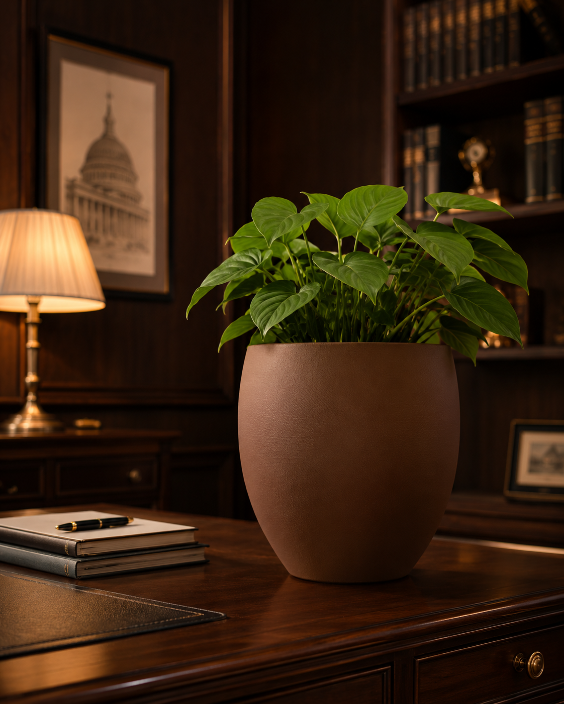 Designer white floor planter vase with tropical plant styled in a drawing hall corner