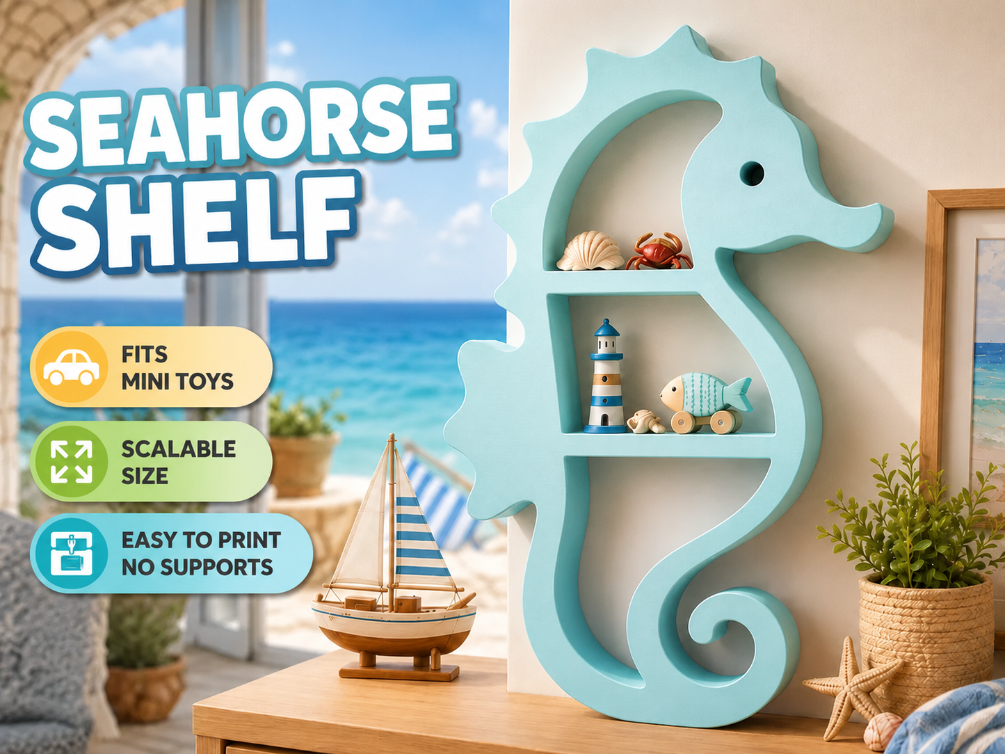 A light blue wooden seahorse-shaped wall shelf displayed in a beach-themed room setting, holding small nautical toys. The image includes promotional text overlays on the left reading 'SEAHORSE SHELF' with feature badges, and a sailboat model in front of the shelf.