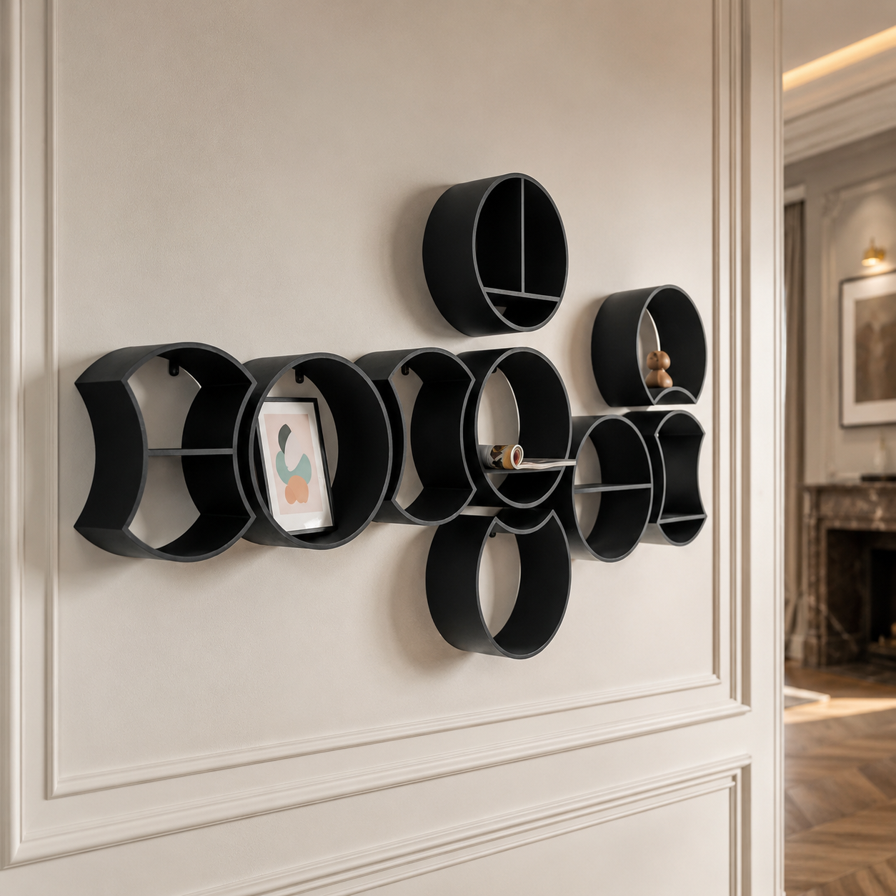 Designer black modular wall shelf placed on wall for living room decor with plants and vases