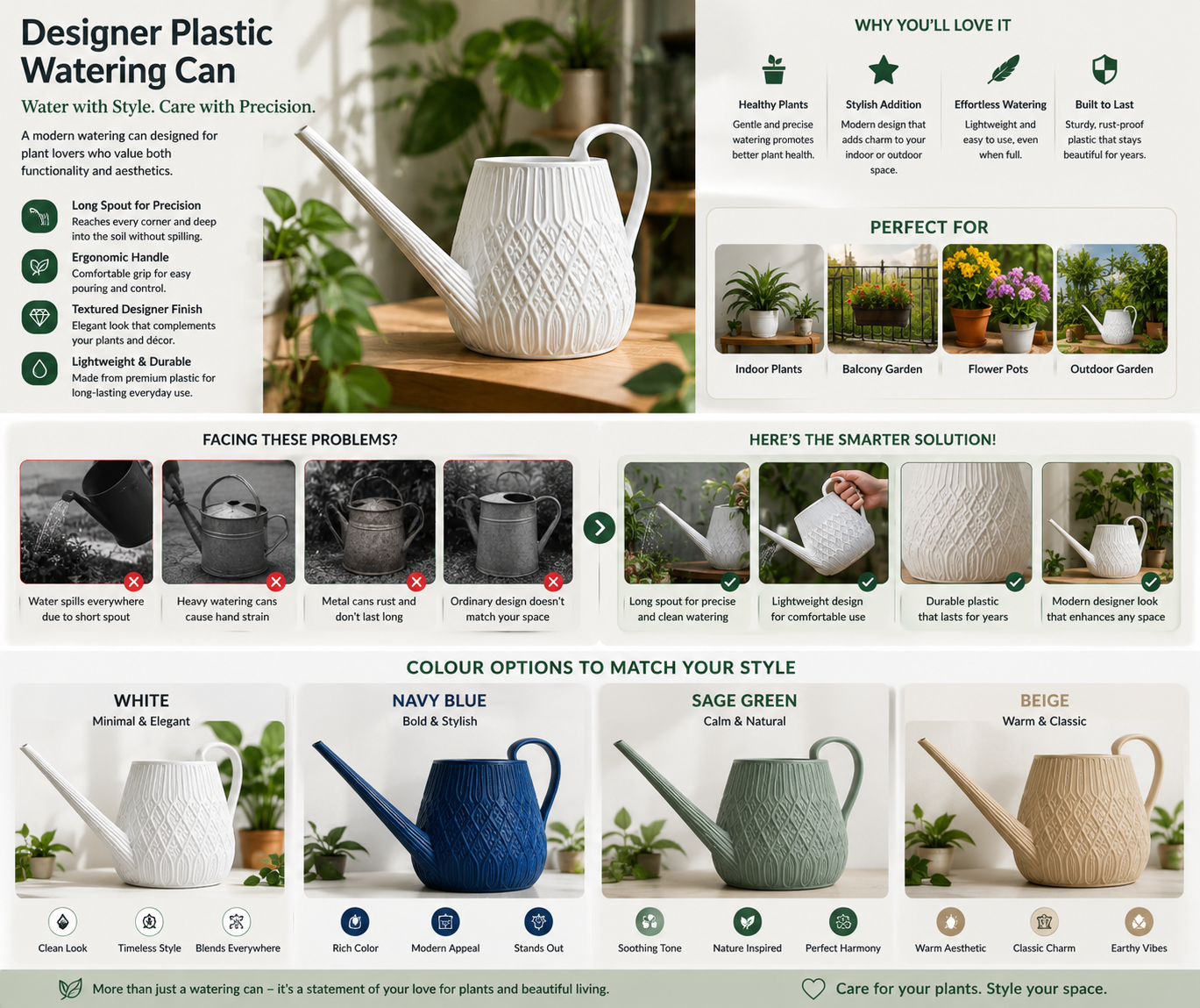An infographic detailing the Designer Plastic Watering Can, featuring a white textured version in the center with descriptive text, benefits, and common problems it solves. The bottom section displays color options including White (Honeydew and Haze), Navy Blue (Blue Ridge and Smoky), Sage Green (Sage Green), and Beige (Warka and Chlewa), each with corresponding photos of the can in those colors.
