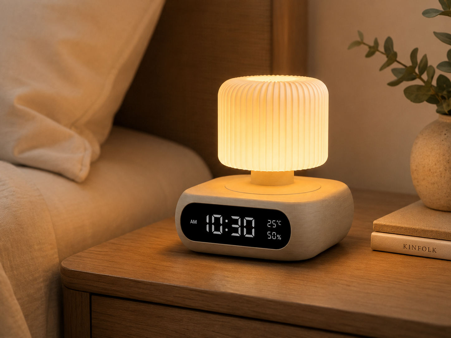 A modern digital alarm clock with a ribbed cylindrical lamp on top, shown lit on a wooden bedside table next to a bed and a small plant.