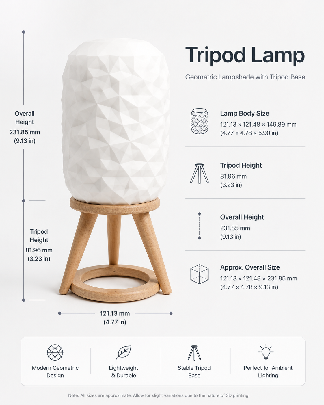 Designer table lamp with sculptural geometric lampshade and tripod base for premium home décor