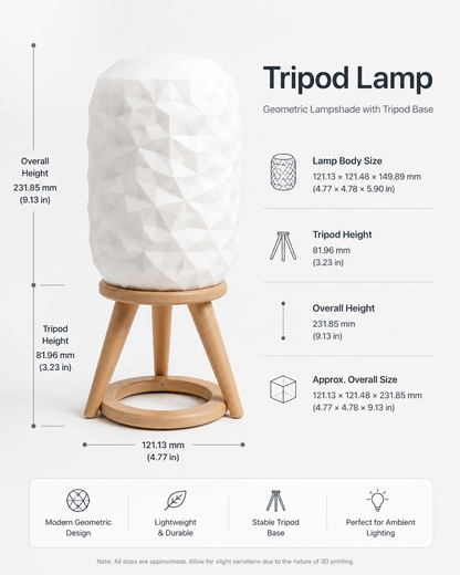 Designer table lamp with sculptural geometric lampshade and tripod base for premium home décor