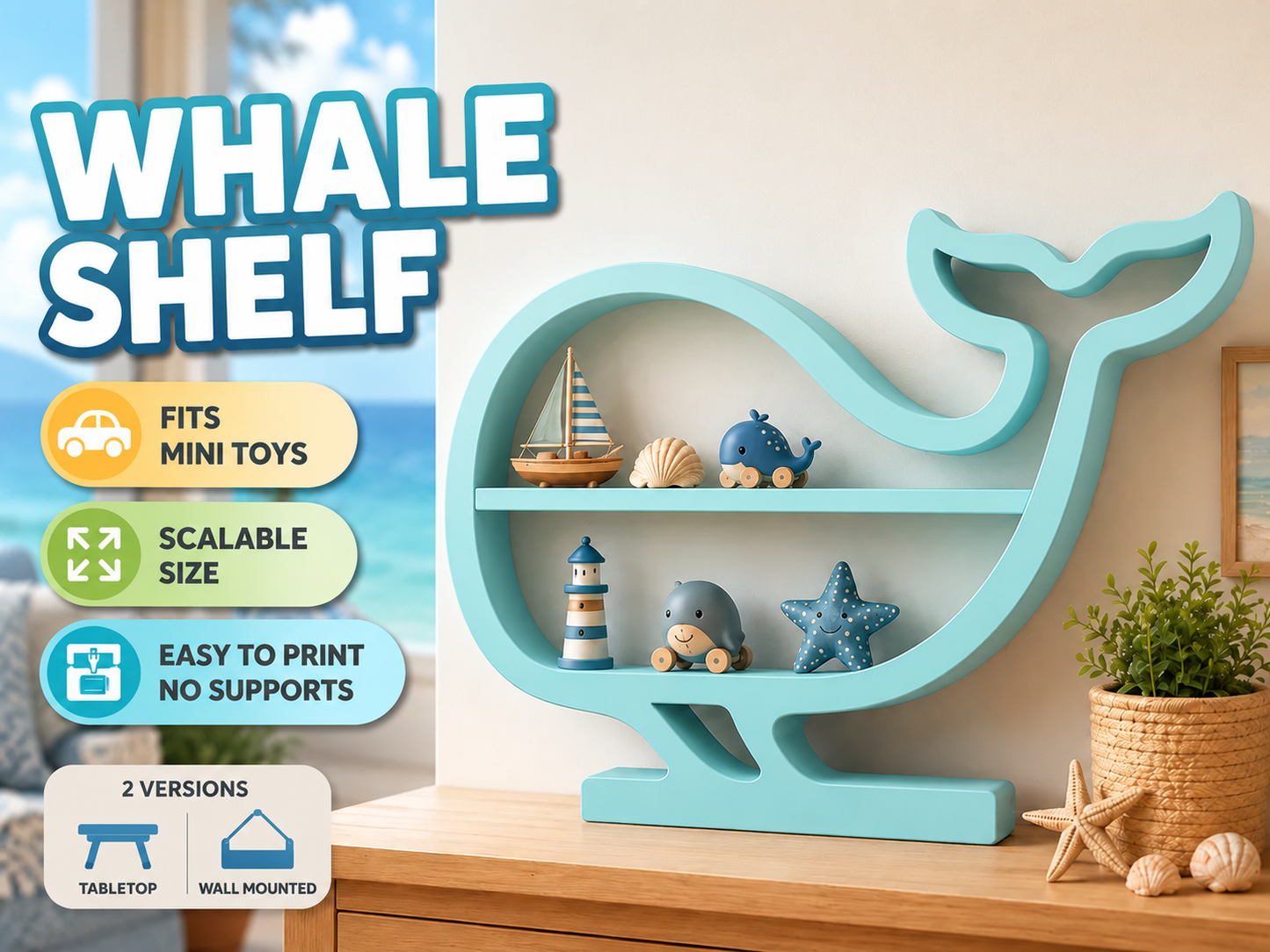 A whale-shaped wooden wall shelf in light aqua blue, styled on a wooden table with small nautical toys and decor. The left side includes promotional text reading 'WHALE SHELF' and feature badges such as 'Fits mini toys,' 'Scalable size,' 'Easy to print no supports,' and '2 versions tabletop wall mounted.
