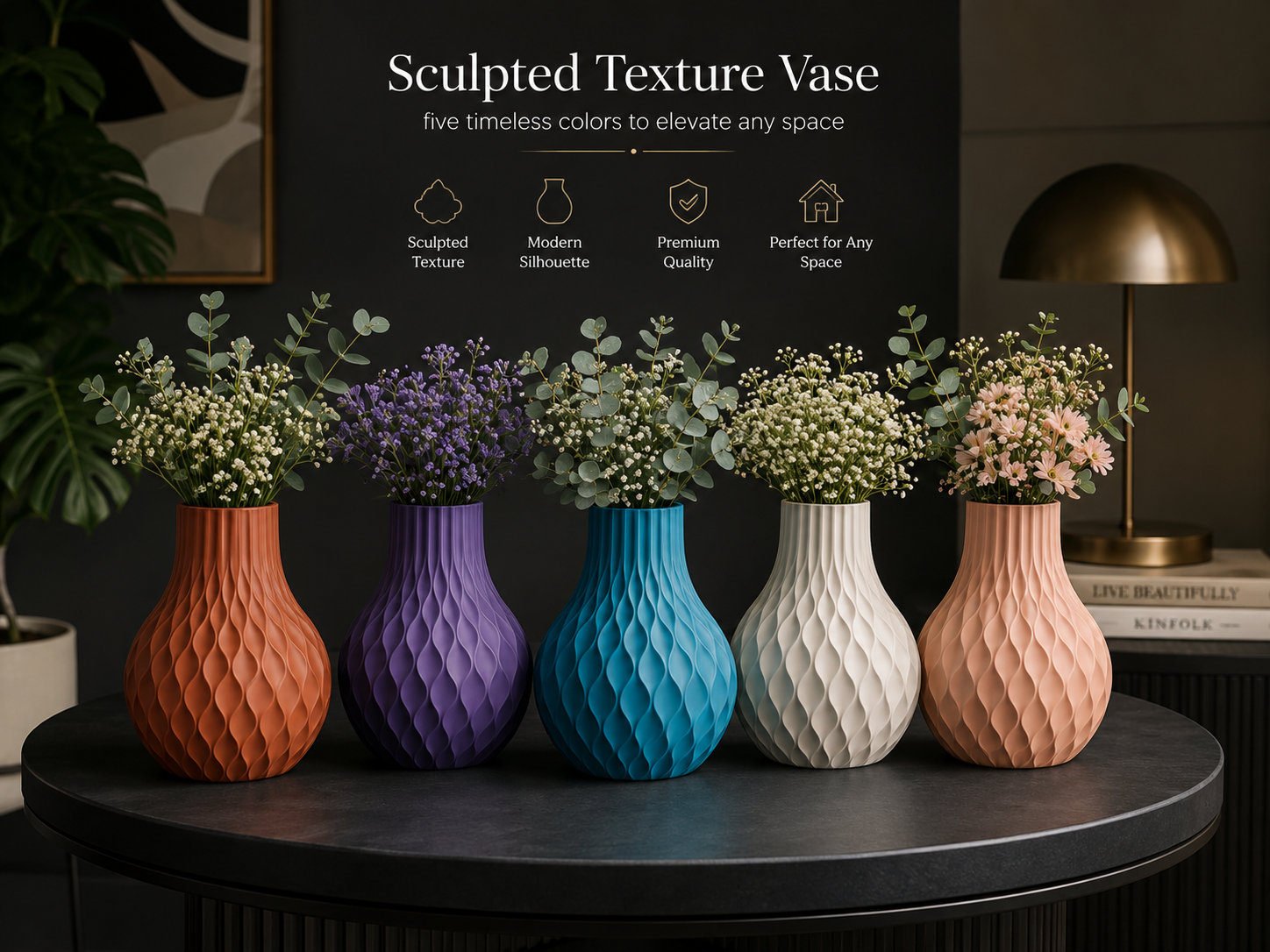 Five sculpted textured ceramic vases in terracotta, purple, teal, cream, and blush pink, each filled with baby's breath and eucalyptus, displayed on a dark round table with a dark background and a brass lamp.
